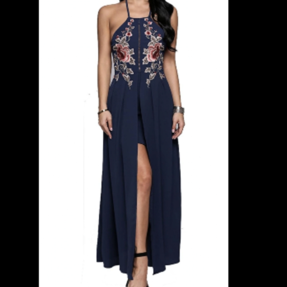 High Low Style Floral Navy Maxi Dress